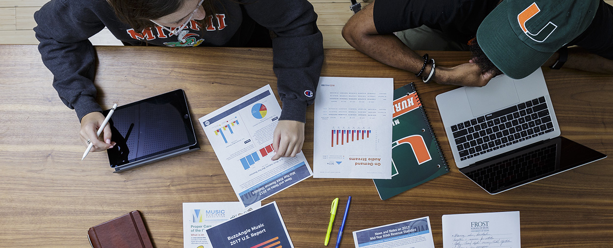 Two students wearing University of Miami gear study for their Music Business class